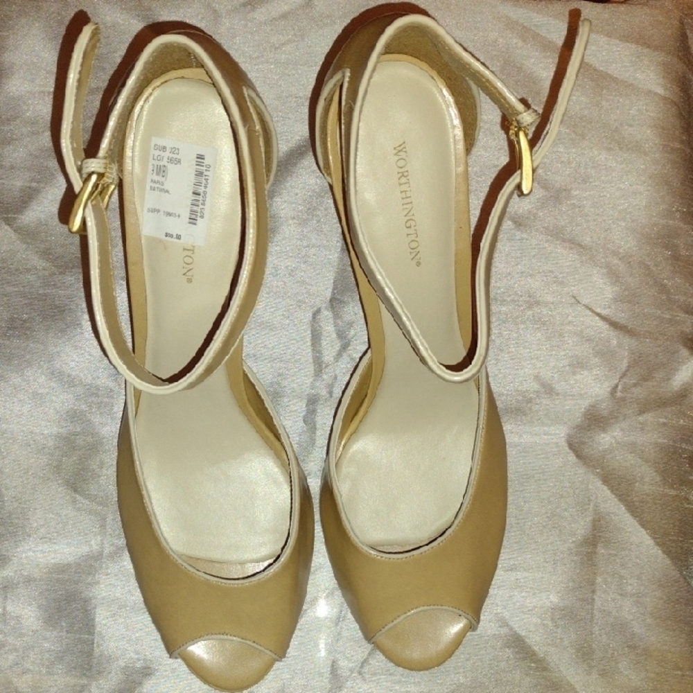 Worthington Tan Peep-Toe Heels with Ankle Strap
